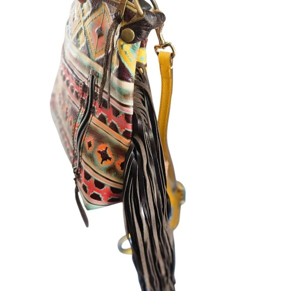 L3 Designs Cowhide Fringed Western Crossbody Bag Brown Yellow One Of A Kind - Picture 4 of 12